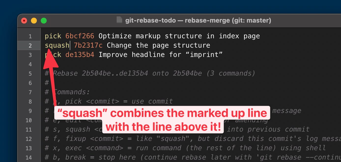 Showing an open terminal with a squash on line 2 and giants words in red pointing to that line saying that squash combines the marked up line with the line above it.