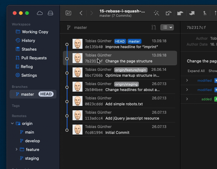 Animated screenshot showing the process of dragging one commit message on top of another, squashing the message, then editing the commit message.